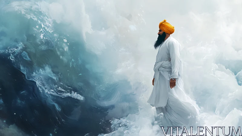 Serene figure in white walking through dreamlike ocean mist.