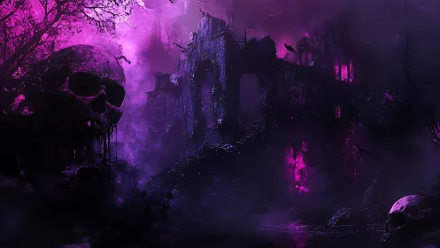 Glimmering purple ruins rise through mist in a haunted valley