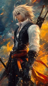 Blond swordbearer strides through storms of molten sky.