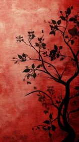 Shadowed branches dancing on a textured crimson dusk.