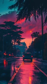 Neon drenched wet city street with silhouetted car at dusk
