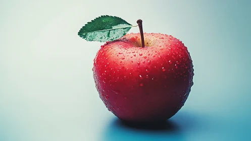 Bright dewy red apple resting on a soft blue backdrop.