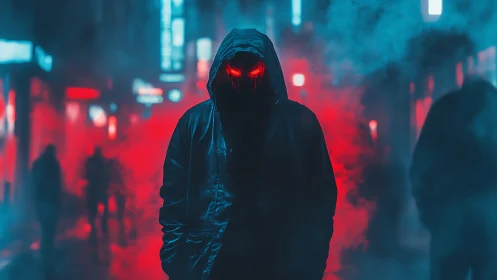 Hooded cyber-wraith in neon fog with emissive red optics.