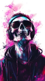 Neon skull in shades and headphones riding a color storm.