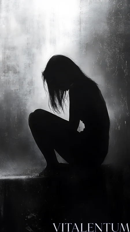 Backlit female silhouette in contemplative seated pose study