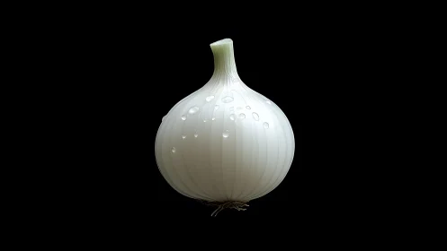 Gentle white onion glowing softly against deep black.