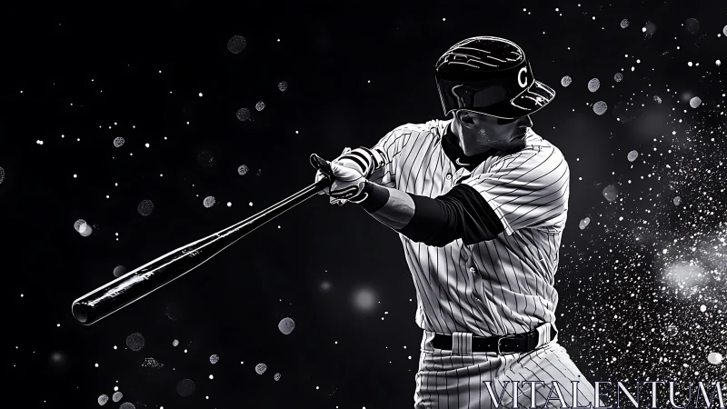 Monochrome photorealistic batter in dynamic swing composition.