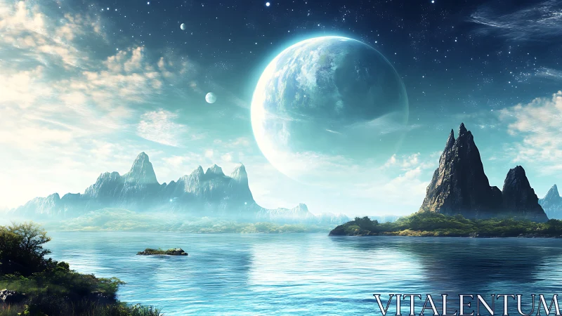 Alien ocean world reflects massive blue planet at horizon