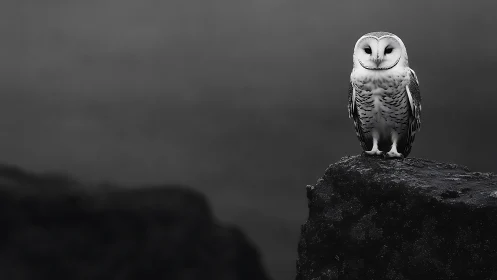 Barn owl perched on dark rock in dramatic black and white style.