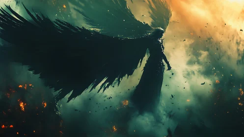 Dark winged guardian rising through storm and firelight.
