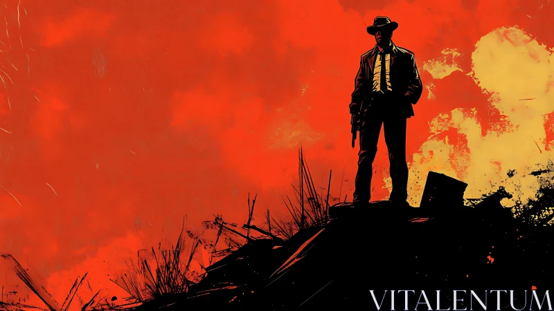 Lone trenchcoat gunman crowns a burning crimson horizon.