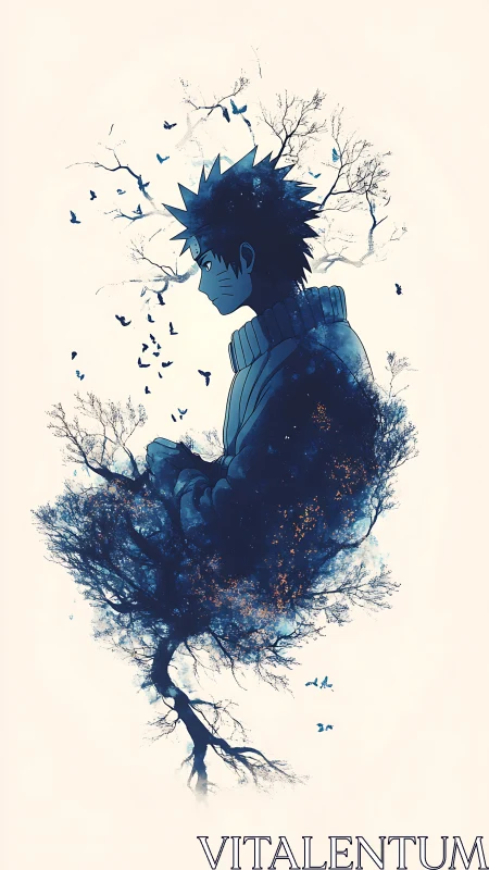 Quiet anime dreamer wrapped in a starlit forest of blue.