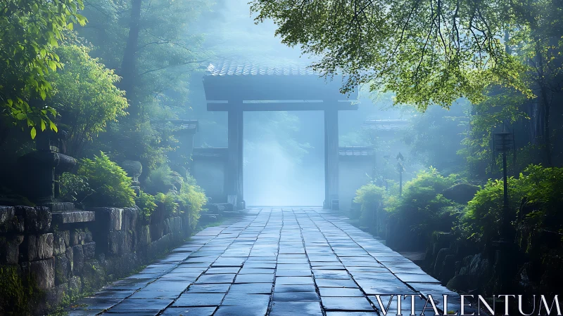 Misty garden pathway leading toward a tranquil temple gate.