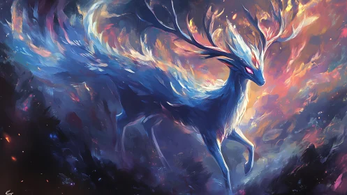 Nebula stag racing through a burning aurora skyscape.