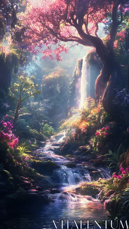 Enchanted waterfall glows beneath radiant pink blossom canopy