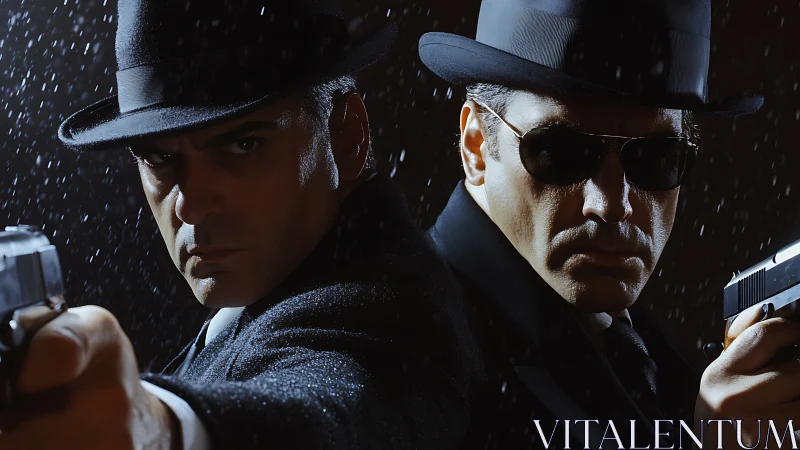 Two armed men in suits confront viewer in heavy rain at night