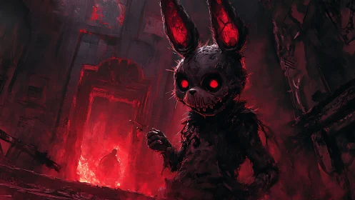 Grotesque rabbit effigy with glowing eyes stalks a burning corridor