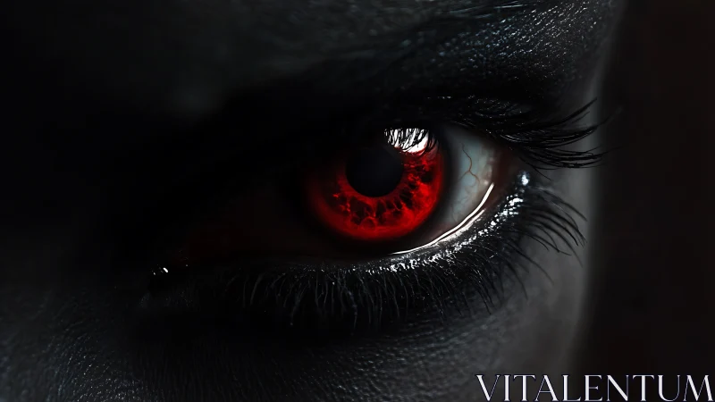 Close-up view of red human eye with dark surrounding skin.
