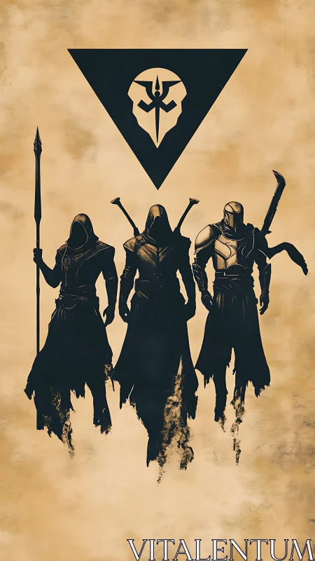 Three hooded warriors stand beneath a triangular emblem