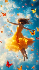 Girl in a golden dress soaring through a butterfly sky.