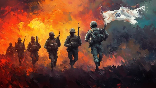 March of ember-clad soldiers beneath a blazing tricolor sky.