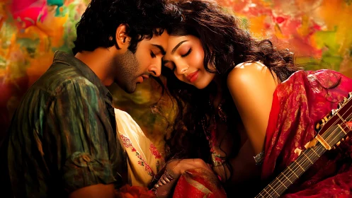 Intimate dual-figure composition with chromatic gradient backdrop and acoustic instrumentation.