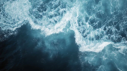 Aerial ocean waves crash in layered turquoise foam.