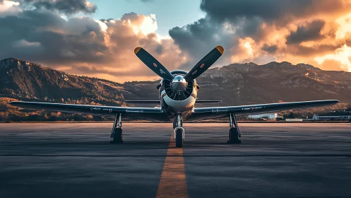 Vintage propeller fighter rests on runway at dramatic sunset