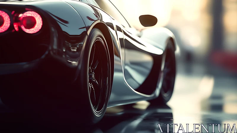 Low-angle close-up renders sleek black supercar in soft bokeh light