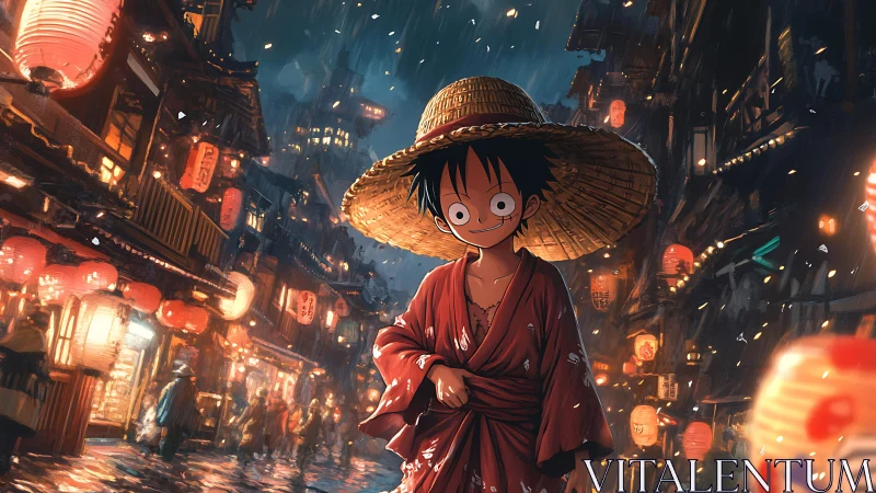 Straw hat anime boy in rainy lantern lit night street scene.