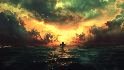 Digital seaplane silhouette under stormlit sunset sky.