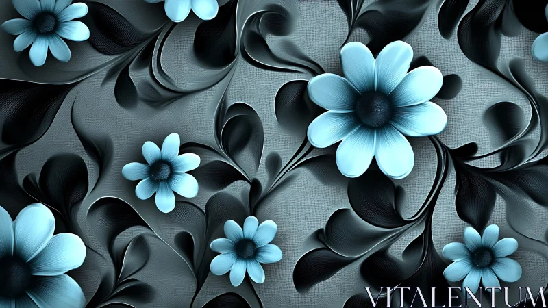 Digital illustration shows stylized blue flowers on dark foliage