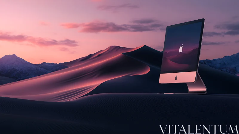 Desktop computer glows against surreal desert dusk landscape.