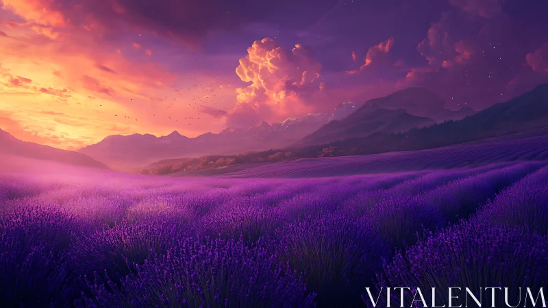 Lavender valley glows beneath a vivid, dreamlike sunset sky.