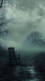 Lonely rocking chair on a misty path by a quiet farmhouse.