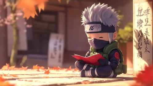 Tiny masked ninja savors a secret book beneath autumn leaves