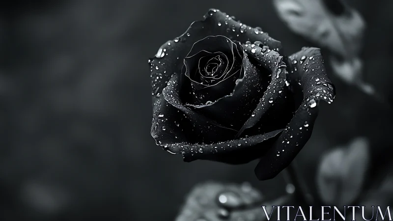 Black rose macro with water droplets in dramatic light.