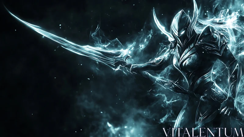 Spectral bladewielder carves light through midnight storm.