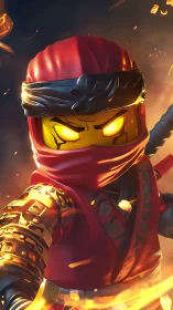 Lego-style red ninja minifigure with glowing eyes attacks