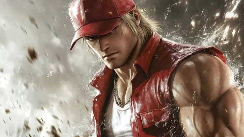 Dynamic fighter portrait renders muscular figure in red leather