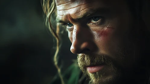 Intense bearded man close up with bruised, focused gaze.