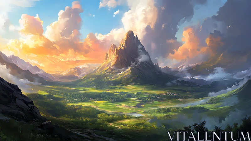 Sunlit mountain massif dominates atmospheric valley landscape