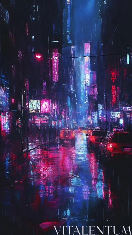 Neon rain slicked cyberpunk street reflects saturated light.