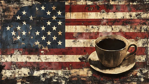 Weathered US flag backdrop integrates textured coffee cup still life