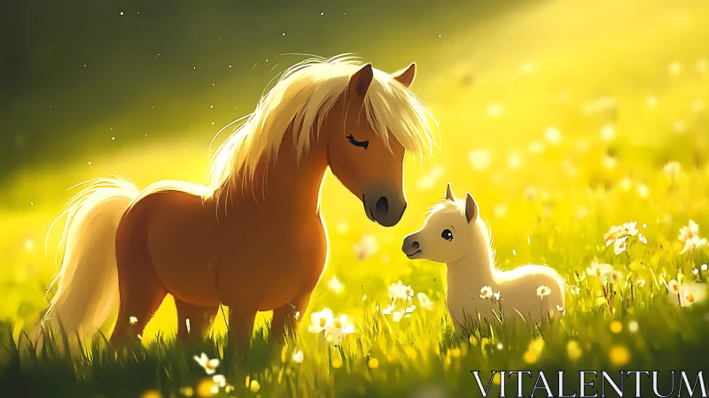 Pony and foal sharing sunshine in a golden flower meadow.
