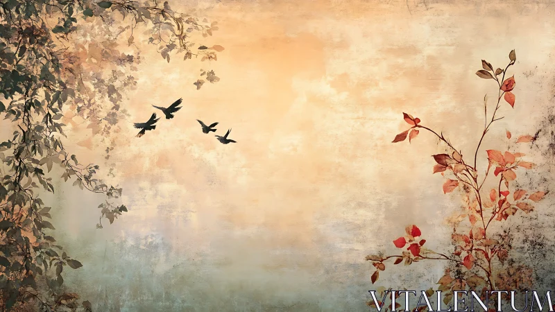 Autumn birds in flight over textured pastel sky with foliage