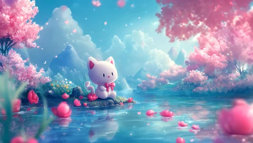 Kawaii white cat by sakura lake in pastel fantasy landscape.