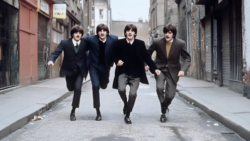 Retro suited quartet sprinting down a narrow city alleyway.