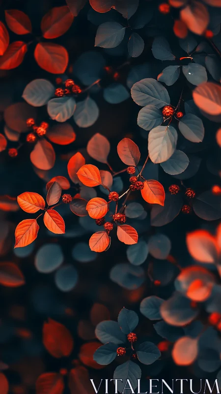 Midnight garden leaves glowing with ember-soft light.