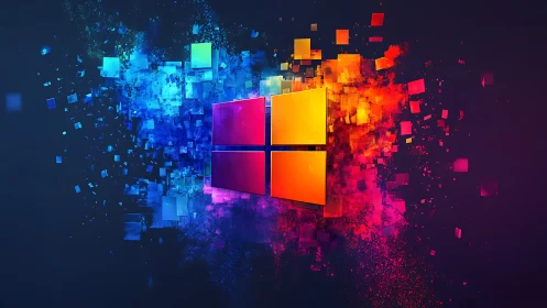 Neon data window exploding into prismatic digital confetti.